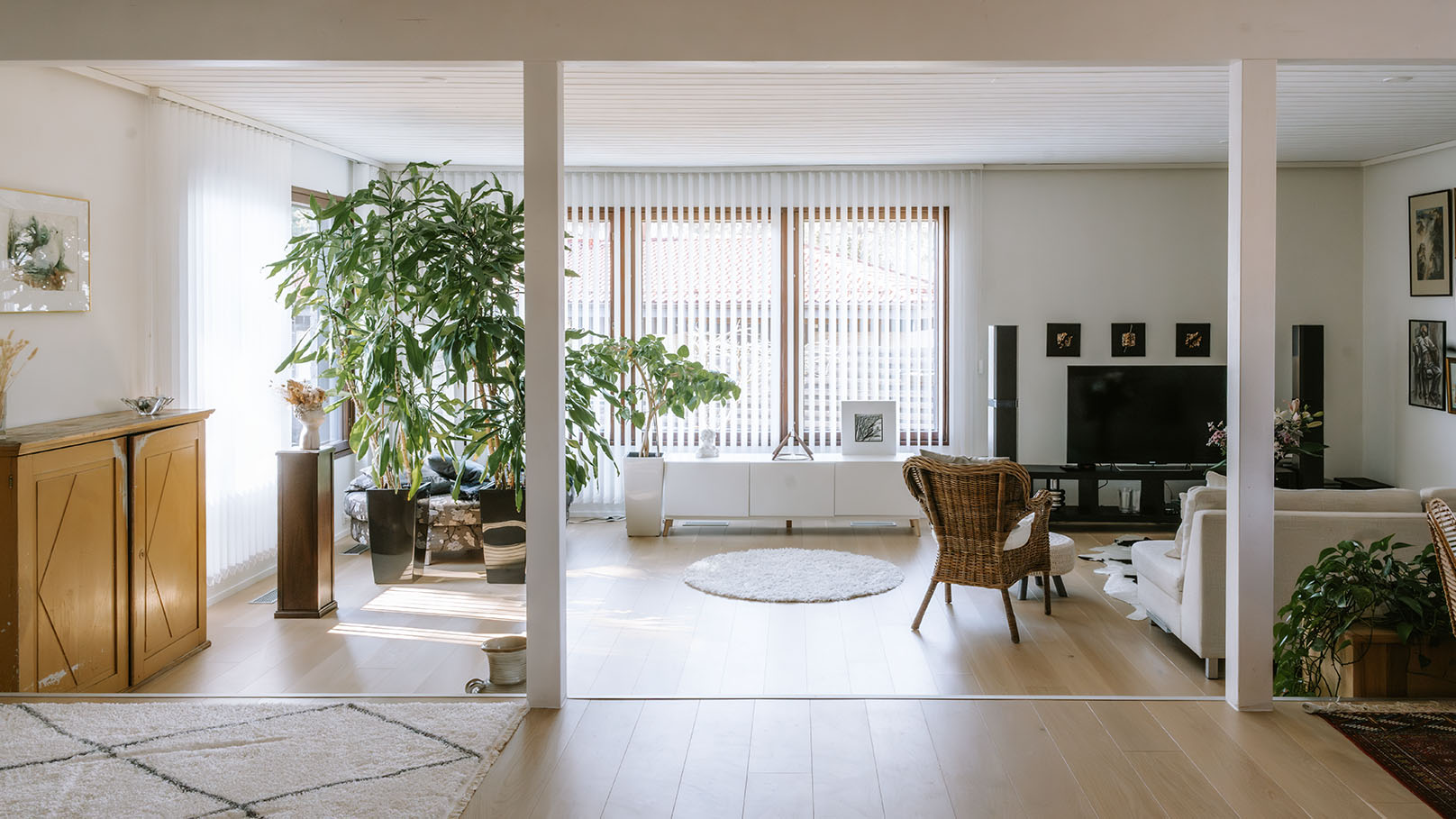 Kauniisti isustettu olohuone, jossa rottinkituoli, huonekasveja